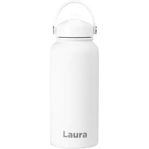 A drink bottle with a rubber coating, featuring a white exterior and a handle. The bottle has a logo on it.