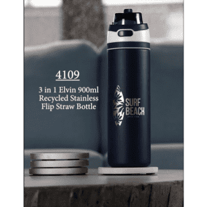 A drink bottle in dark blue with a flip straw lid, featuring a silver logo and standing on a white base.