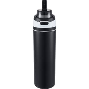 A drink bottle in matte black with a sleek design and a flip straw lid, featuring a logo on the side.