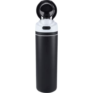 A drink bottle made of recycled stainless steel, featuring a black body and a white flip straw lid, with a logo.