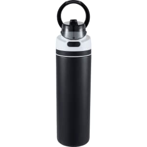 A drink bottle in black and white, featuring a flip straw and a carrying handle, with a logo present.