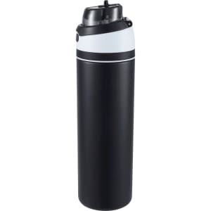 A drink bottle with a sleek black body and white top, featuring a flip straw and a logo.