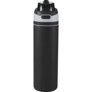 A drink bottle in black with grey accents, featuring a flip straw lid and a logo.