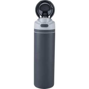A drink bottle with a grey recycled stainless steel body and a flip straw lid. It features a logo on the side.