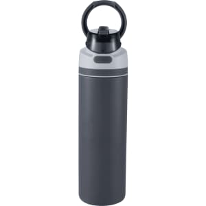 A drink bottle made of recycled stainless steel in grey with a flip straw and a carrying handle. It features a logo.