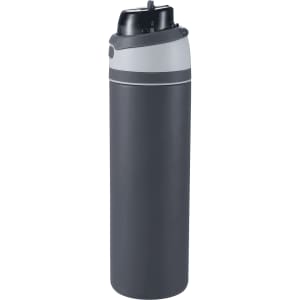 A drink bottle in dark grey with a black lid and a straw feature, designed with a sleek, modern look.