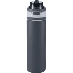A drink bottle in dark grey with a flip straw lid and a branding logo. Made from recycled stainless steel.