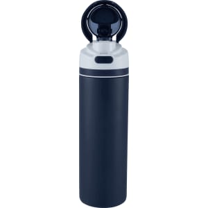 A drink bottle featuring a navy blue design, stainless steel construction, and a flip straw lid. It includes a logo.