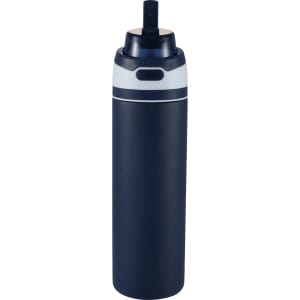 A drink bottle in navy blue and silver, with a flip straw and a branding logo on the cap.