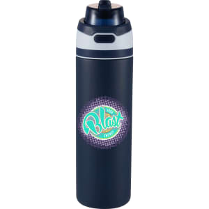 A drink bottle featuring a navy design with a flip straw lid and a logo on the front.