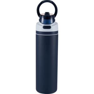 A drink bottle featuring a navy blue body, white accents, and a flip straw lid. It has a handle and a logo.