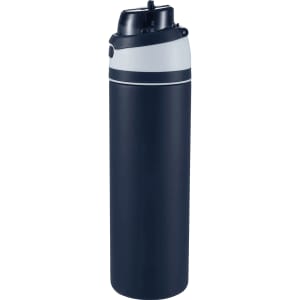 A drink bottle in dark blue and grey with a flip straw and a logo on the side.