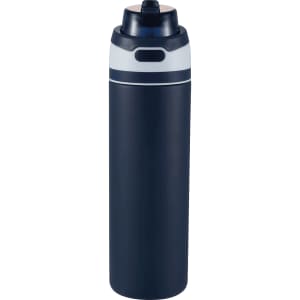 A drink bottle in navy blue with a flip straw top, featuring a logo and a sleek stainless steel design.