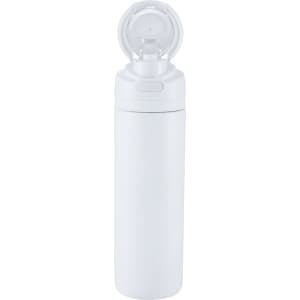 A drink bottle in white with a flip straw lid and a logo on the body, designed for easy use.