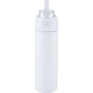A drink bottle in white, featuring a flip straw and a logo, made from recycled stainless steel.