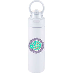 A drink bottle in white with a flip straw and a circular logo design on the front.