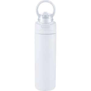 A drink bottle in white, featuring a flip straw and a looped cap. It has a logo on the surface.