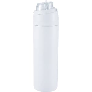 A drink bottle made of recycled stainless steel, featuring a white exterior and a flip straw top.