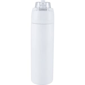 A drink bottle in white recycled stainless steel with a transparent flip straw lid and a logo.