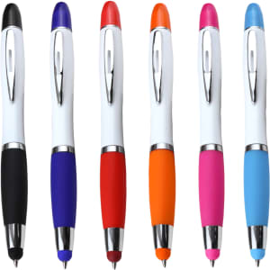 A selection of six ballpoint pens with coloured grips, featuring black, blue, red, orange, pink, and purple options. Each has a logo.