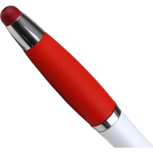 A ballpoint pen with a white body, red rubber grip, and a silver clip at the top. It features a logo.