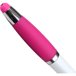 A ballpoint pen with a pink rubber grip and a shiny silver clip at the top, featuring a white barrel.