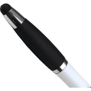 A ballpoint pen with a white body, black grip, and silver accents. Features a logo on the side.