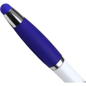 A ballpoint pen with a blue rubber grip and a silver clip, featuring a white barrel and a branding logo.