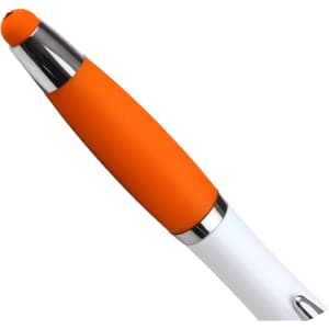 A ballpoint pen with a white barrel and an orange rubber grip. The top features a shiny silver accent.