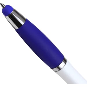 A ballpoint pen with a blue rubber grip and a silver accent, featuring a white barrel and a logo.