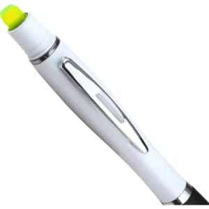 A ballpoint pen and yellow wax highlighter combination with a white body and chrome accents. Features a logo.