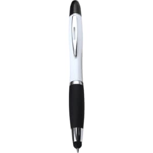 A ballpoint pen with a white barrel, black grip, and chrome accents. It features a branding logo.