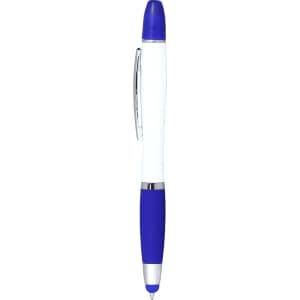 A blue and white ballpoint pen with a blue grip and a branding logo.