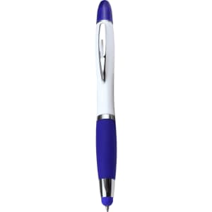 A ballpoint pen with a blue tip and grip, featuring a white barrel and a silver clip, includes branding.