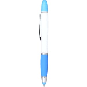 A ballpoint pen with a white body, blue accents, and a clip, featuring a branding logo.