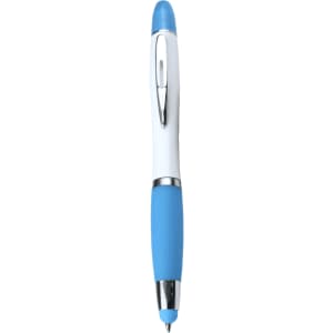 A blue ballpoint pen with a white body and blue grip, featuring a silver clip and a logo.