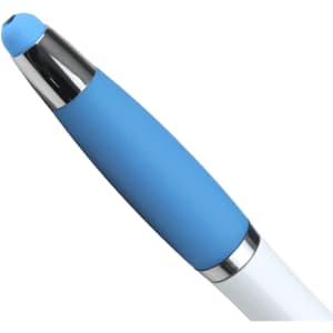 A ballpoint pen with a white barrel and a blue rubber grip, featuring a shiny chrome tip and a stylus end.