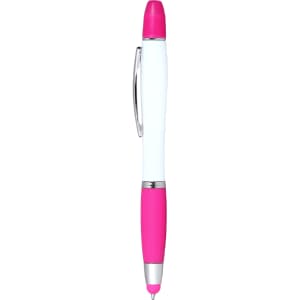 A pink ballpoint pen with a white body and a pink highlighter tip and grip, featuring a decorative logo.