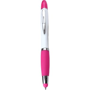 A pink and white ballpoint pen with a silver clip and a stylus tip. It has a smooth grip for comfort.