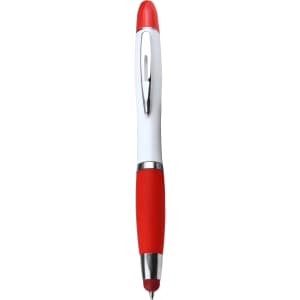 A ballpoint pen with a white body, red accents, and a clip. It features a silver section and has a logo.