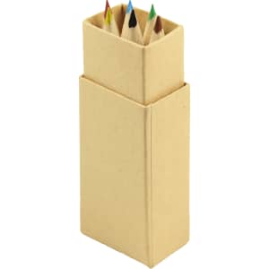 A set of six coloured pencils in a rectangular cardboard holder, featuring various colours including red, green, and blue.
