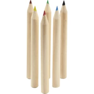 A set of six coloured pencils in red, yellow, green, blue, black, and unpainted wood. The pencils have pointed tips.