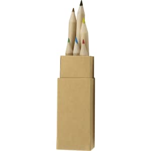 A coloured pencil set featuring six pencils in various colours, presented in a simple cardboard box with a logo.