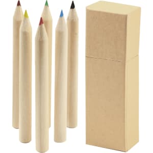 A set of six coloured pencils in red, green, yellow, blue, black, and brown, with a plain cardboard box.