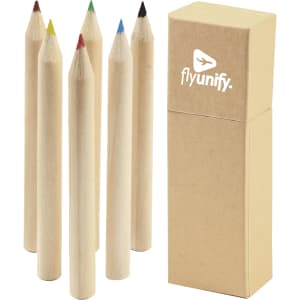 A coloured pencil set featuring six pencils in red, green, blue, black, and yellow, packaged in a cardboard box with a logo.