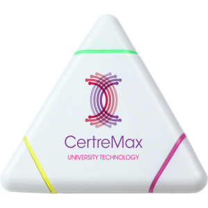 A triangular highlighter with pink, green, and yellow accents, featuring a logo on its surface.