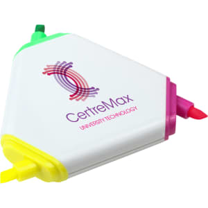 A triangular highlighter with yellow, green, pink, and orange tips, featuring a logo on one side.