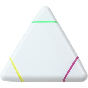 A triangular highlighter in white with green, yellow, and pink accents. Features a logo on one side.