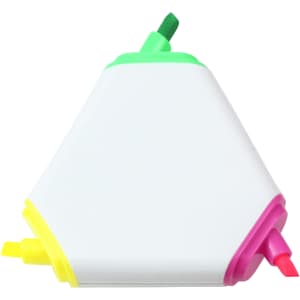 A triangular highlighter with four bright colours: pink, yellow, green, and orange. It has a logo on the side.