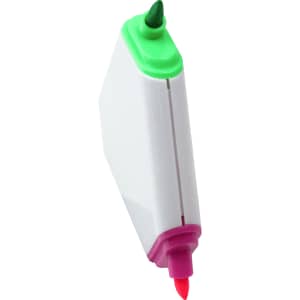A triangular highlighter in green, pink, and orange, with a white body and a branding logo.
